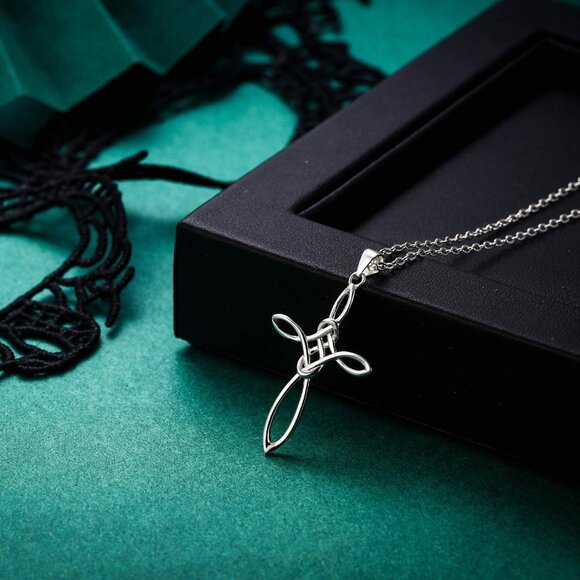 Celtic Cross Necklace Women, 925 Sterling Silver Knot Pendant Necklace, Irish Re - Picture 4 of 6